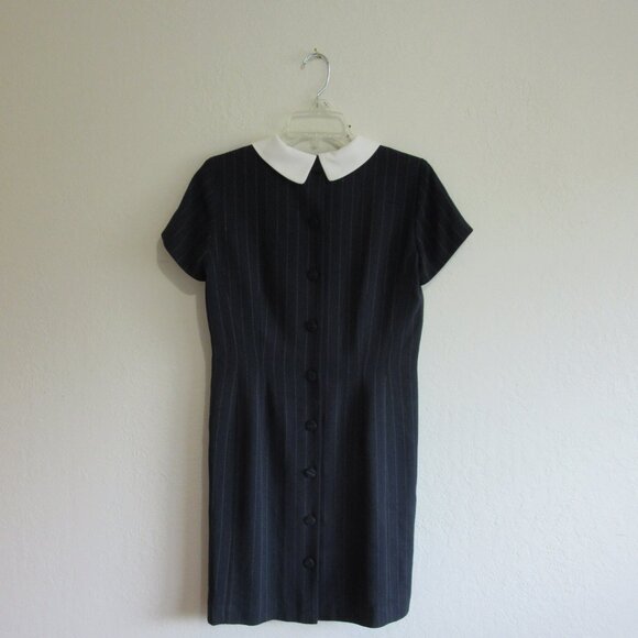 ANN TAYLOR Black Stripe Size 4 Collar Back Button Closure Career Dress - Picture 3 of 4